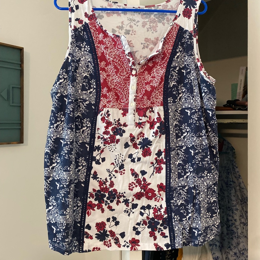 Woman Within Red and Blue Floral Sleeveless Blouse